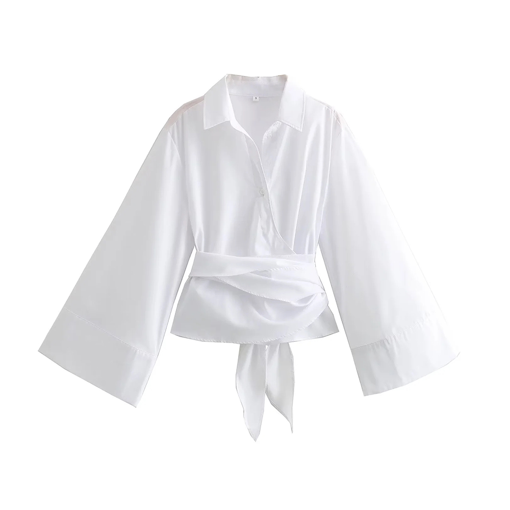 TRZA-Women's Long Sleeve Kimono Blouses With Bow Tie, Front Button, Female Shirts, Chic Tops,: M / WHITE