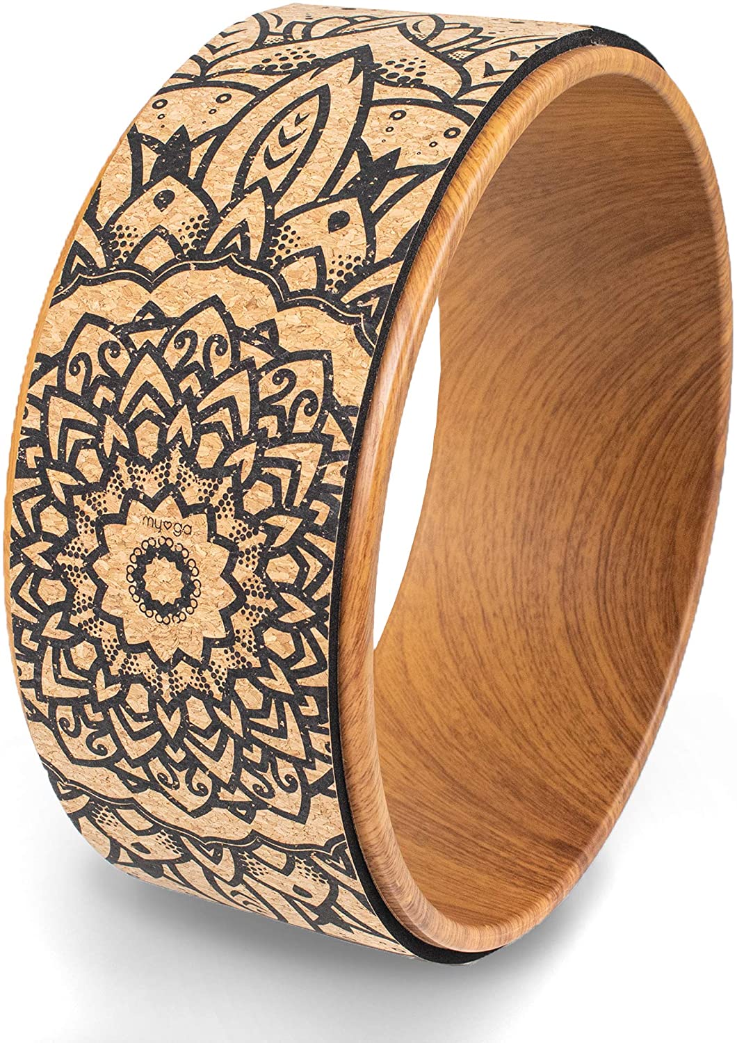 Cork Yoga Wheel for Yoga Poses and Backbends Inversions - Natural Cork with Wood-Effect and Mandala Print