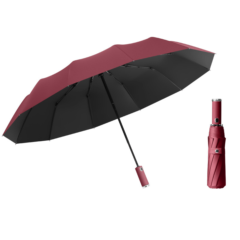 Parapluie pliant automatique à 10 baleines, grand parapluie coupe-vent avec lumière Led, pour femmes, revêtement noir, pour les affaires, Parasol: Rouge