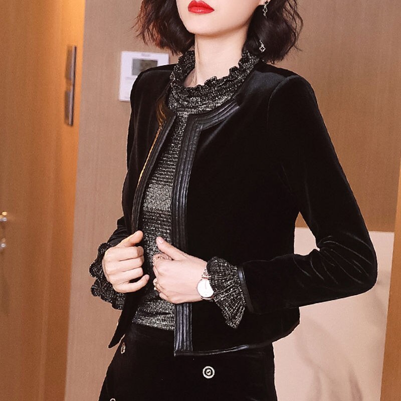 Black Velvet Small Short Style Jacket Women 2022 Spring Long-sleeved Cardigan Top O Neck Solid