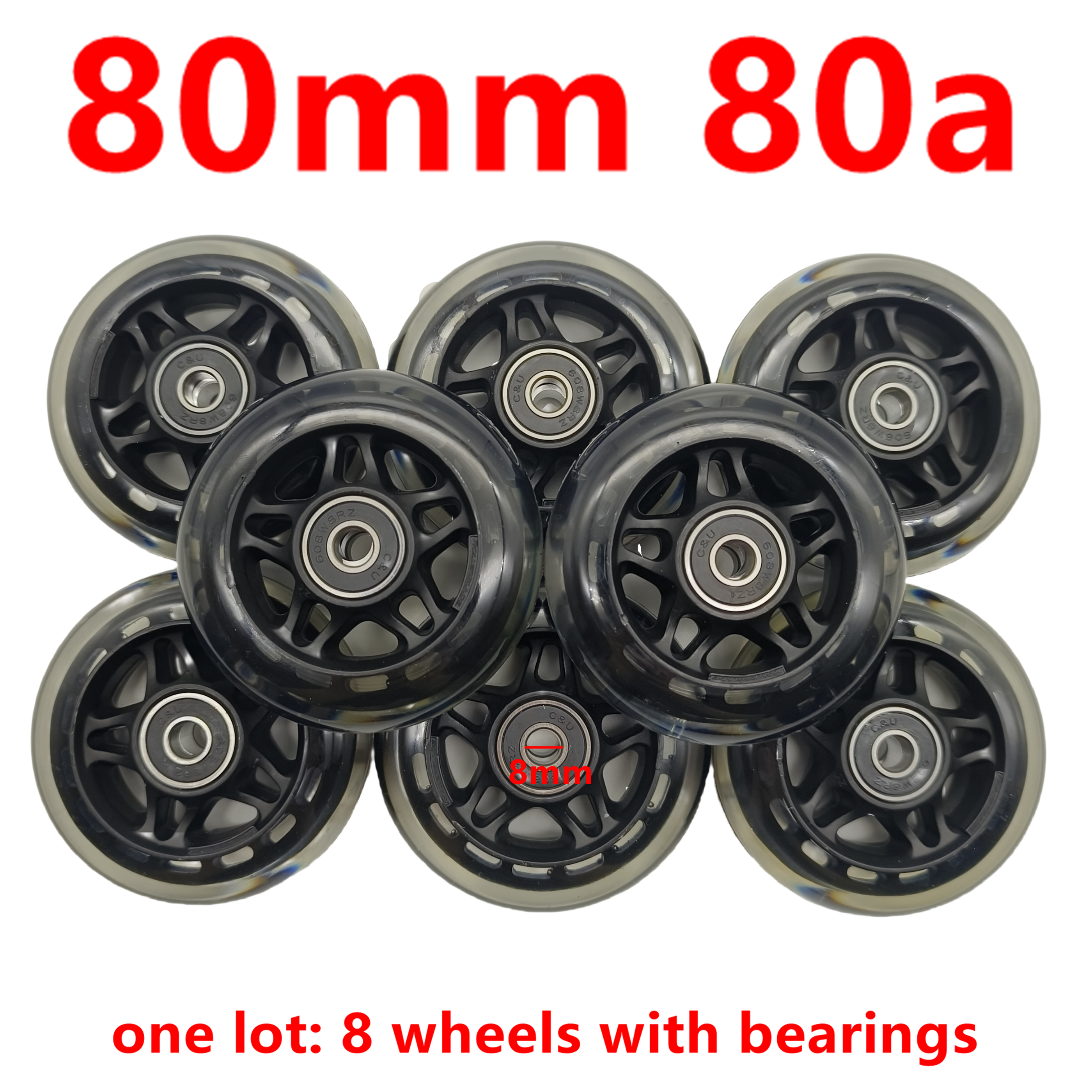 rolschaatsen wiel scooter wiel 80x24 zwart grijs transparante kleur 8pcs/lot: Black