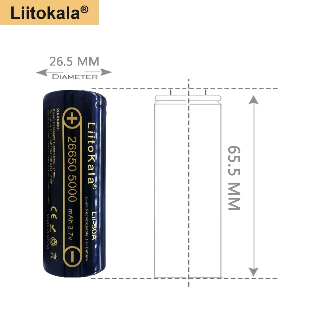 LiitoKala 3.7V 26650 5000mah Li-ion Rechargeable Battery For Strong Flashlight, Power batteries 20A Discharge Capacity