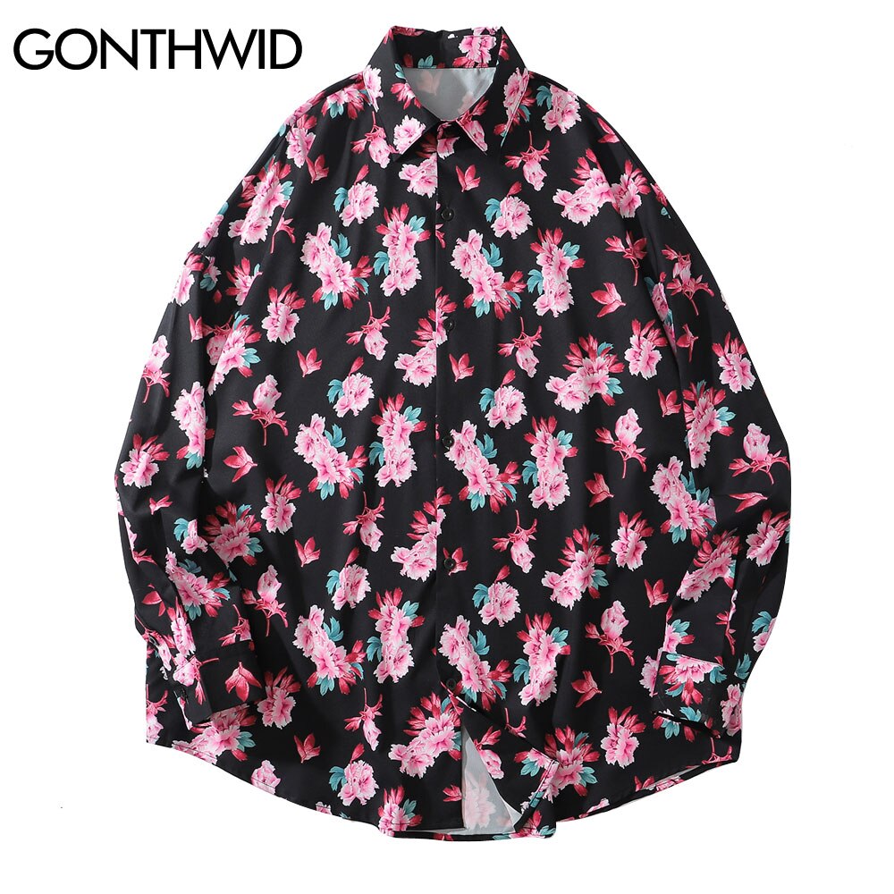 Gonthwid Pioen Bloemen Bloemenprint Lange Mouwen Hawaiiaanse Strand Shirts Heren Zomer Casual Button Down Strand Blouse Tops