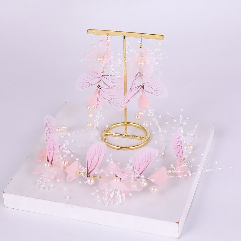 FORSEVEN Pink Yarn Flower Bride Hair Band Headpiece Handmade Earring Bridal Tiaras Crown Wedding Hair Accessories Jewelry Set JL