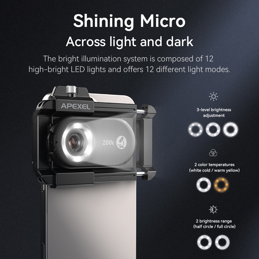APEXEL nueva lente de microscopio 100X-200X mejorada 3 en 1 Kit de lentes de cámara de teléfono lentes macro con luz LED para todos los teléfonos inteligentes