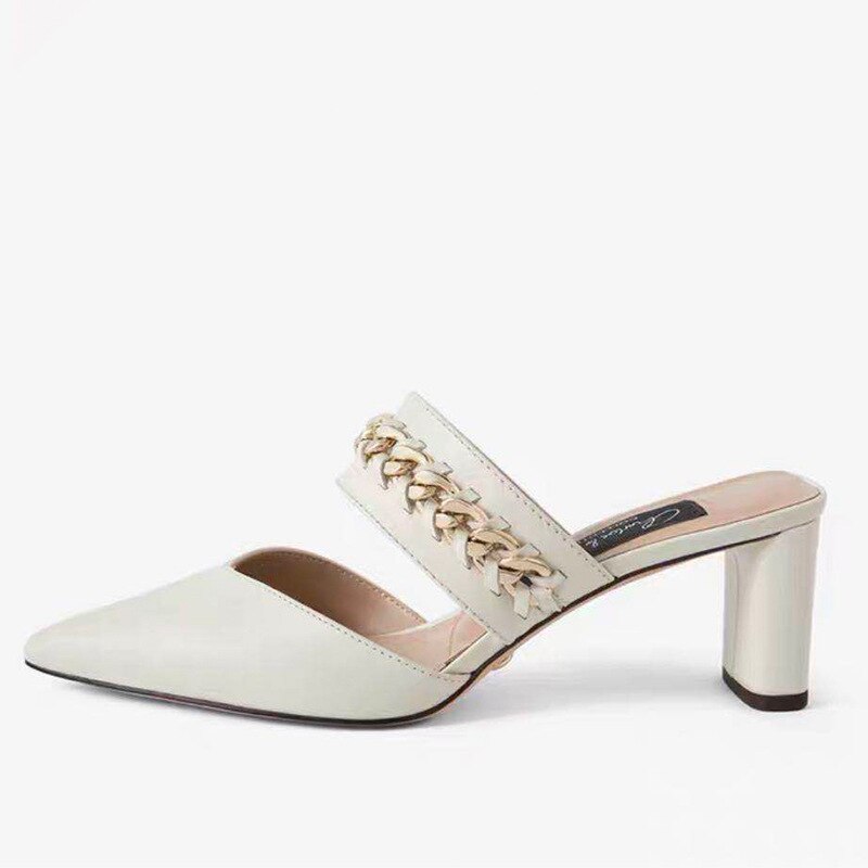 2020 nowych moda muły Femme gruby obcas kobiet muły wskazał rzym buty na pasku kobiety tego samego typu: WHITE / 40