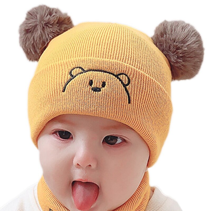 2Pcs Toddler Hat +Twitter Pompon Winter Children Hat Bonnet Enfant Knitted Cute Cap For Girls Boys 0-36 Months: 1 yellow