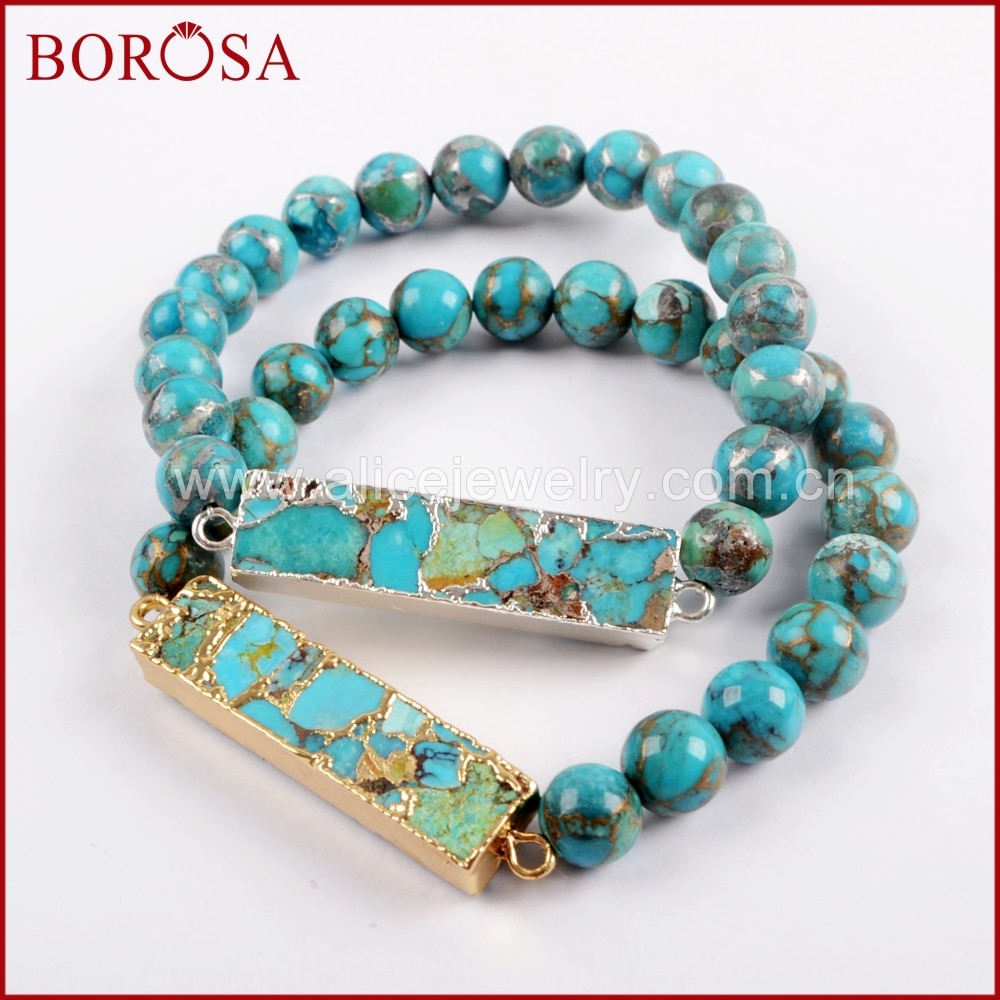 Borosa måke rektangel kobber turkis armbånd med 8mm turkis perler håndlaget armbånd til kvinner edelstener armbånd  g1651