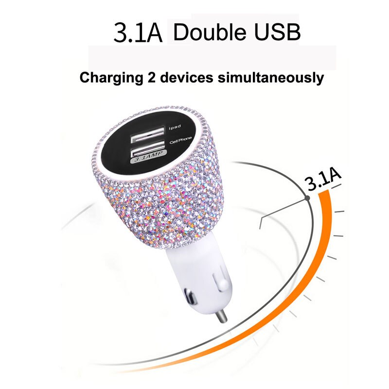 Crystal Rhinestones Dual Usb Snel Opladen Auto Oplader Voor Mobiele Telefoon Ipad Draaien Snel Opladen Adapter Zilver