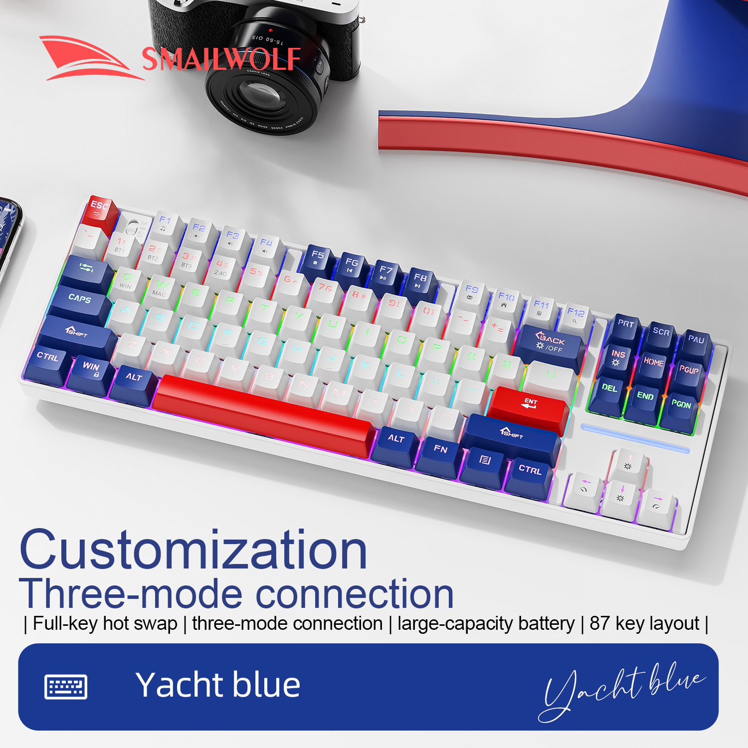 SMAILWOLF MK87 Mechanical Keyboard - 87 Keys - Bluetooth Wireless - Wrist Support - E-sports Gaming: Khaki / White Switch