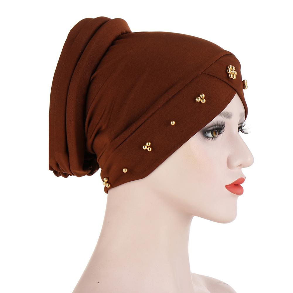 Turbante con cuentas, Turbante elástico musulmán para mujer, gorro interior hiyab cruzado para la frente, gorro árabe para envolver la cabeza, gorros para Hijab