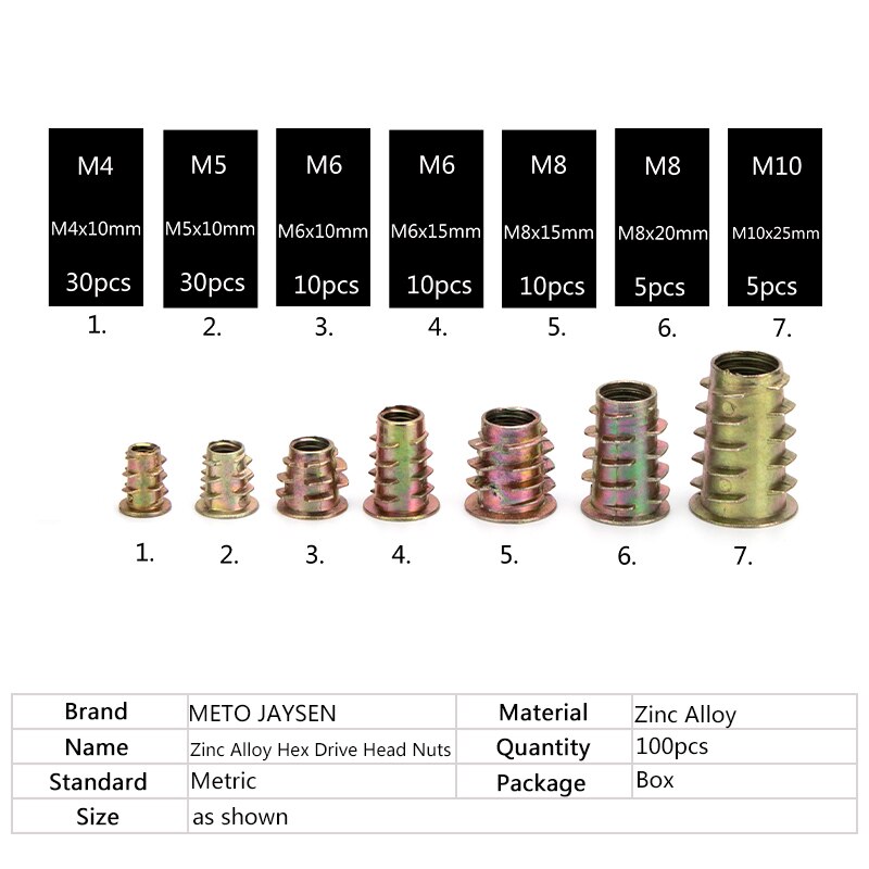 100 stuks zinklegering  m4 m5 m6 m8 m10 zeskant aandrijfkop moeren zinkmoerenset houten meubels meerdere maten verzinkte moeren assortimentset