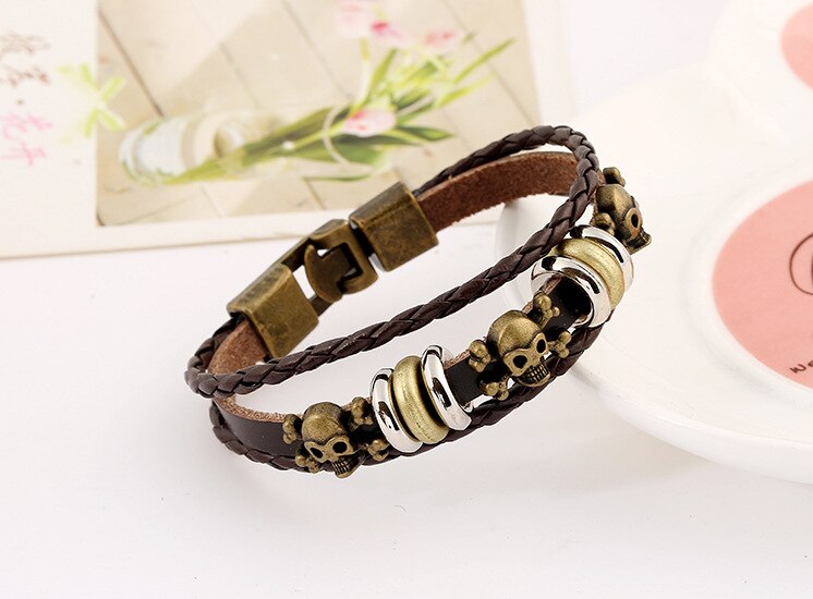 Vintage Beads Charm Bracelet Handmade Woven Gold Plate Leather Bracelets & Bangles For Women Men Jewelry Accessory: Pirate charm