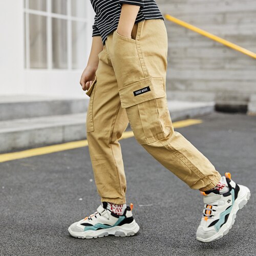 Drengebukser forår børn cargo bukser børn drenge afslappet brevlomme lige hel buksebund til teenagere: Khaki / 130cm(3xl)