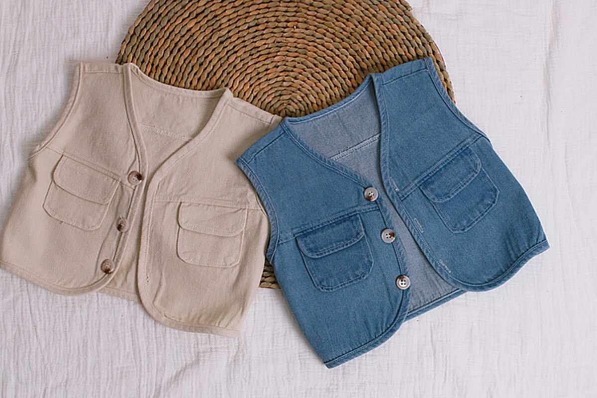 Primavera bebê meninos meninas roupas azul e branco sem mangas denim colete moda bebê outerwear roupas da criança