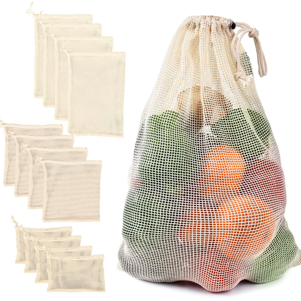 3pcs Cotton Mesh Vegetable Fruit Bags Reusable Mesh Shopping Bag Storage Bag Kitchen Fruit Vegetable with Drawstring