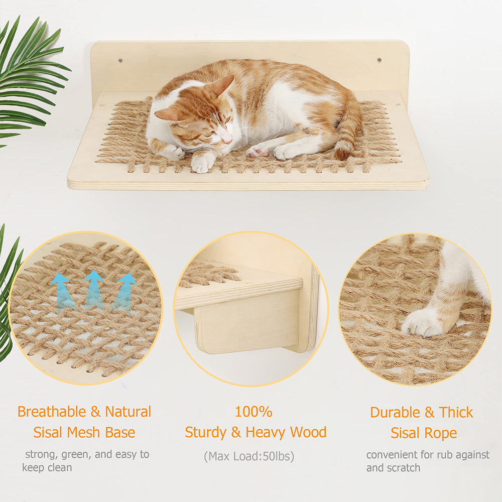 Kat Hangmat Hout En Sisal Touw Muur Gemonteerd Voor Grote Katten Of Kitty, Springplanken, Zitstokken Meubels Slapen