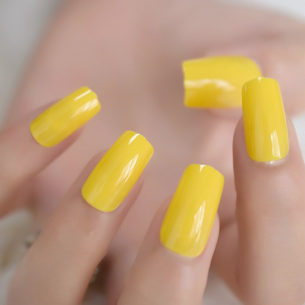 Quadrat Mittel Klassische Nagel Gelb Butter Vulgär Glänzend Banane Gel Nagel tipps Acryclic Künstliche Presse Auf NäGel