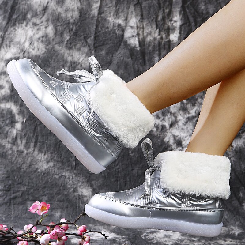 Rimocy Silver Fur Winter Warm Women Boots Long Plush Waterproof Platform Snow Boots Lace Up Plus Size 43 Ankle Boots Woman Shoes