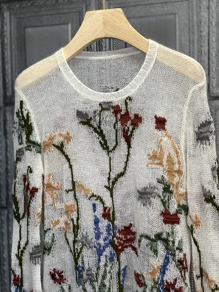 Textura de Deep Soul nicho bordado fino a través de Mohair cachemir Hollow Sweater