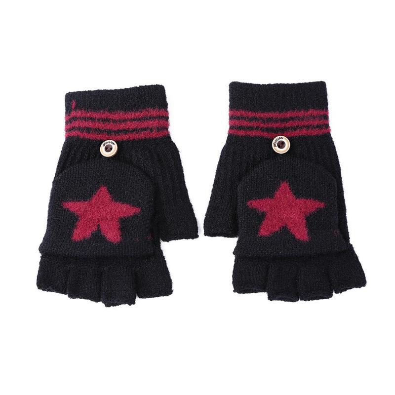 2 pçs inverno flip dedo luvas espessadas luvas de esqui estrelas dos desenhos animados mão muff: Black