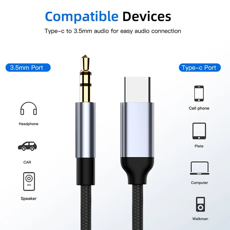 2 m USB Type C naar 3,5 mm jack AUX-kabel DAC USB-C naar 3,5 mm audio-adapter voor telefoonhoofdtelefoon Auto HIFI Stereogeluid Audioconnector