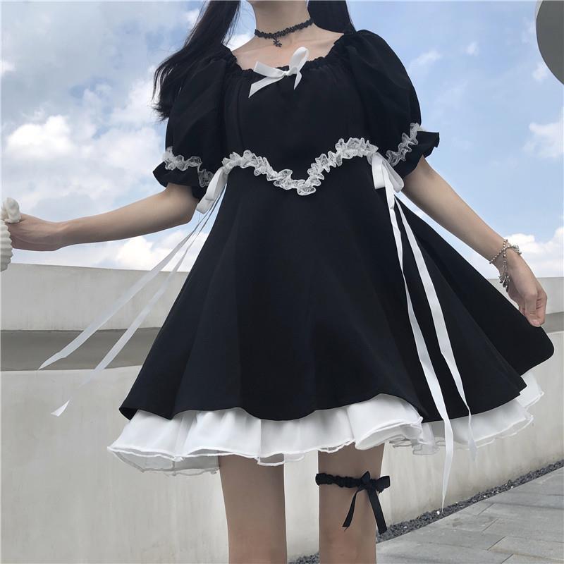 Gothic Lolita Westerse Stijl Harajuku Zwart Bladerdeeg Mouw Jurk Retro Dark Japanse Zwarte Jurk Koele Stijl