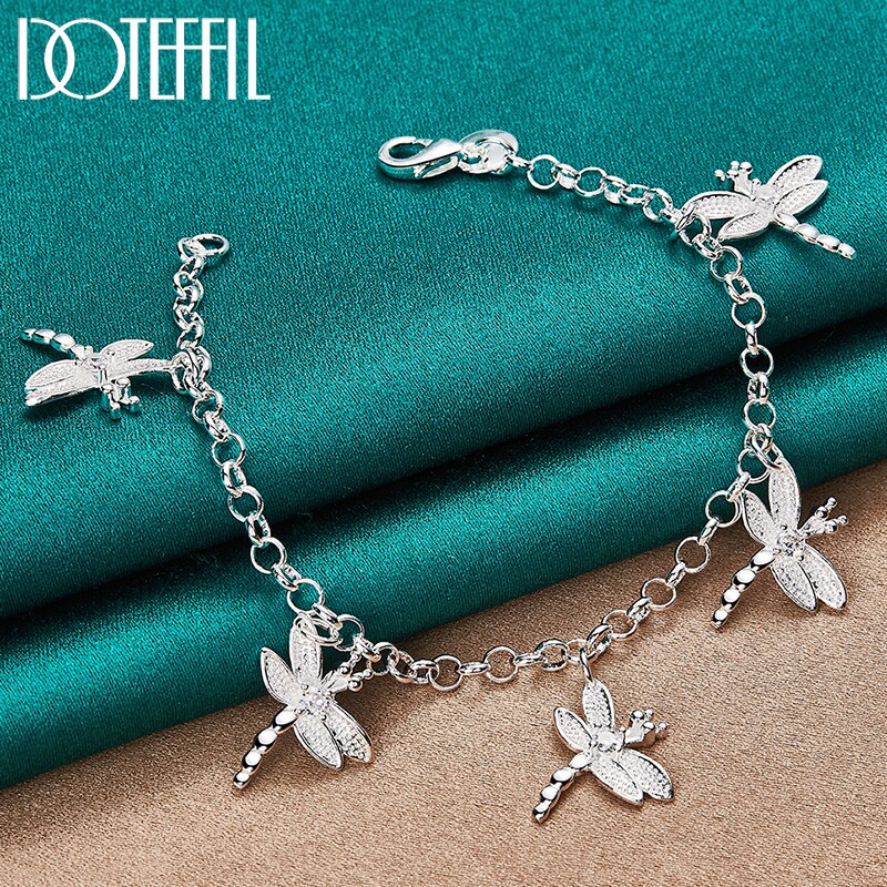 DOTEFFIL argento Sterling 925 cinque libellula AAA zircone ciondolo catena braccialetto per le donne gioielli da festa di fidanzamento di nozze