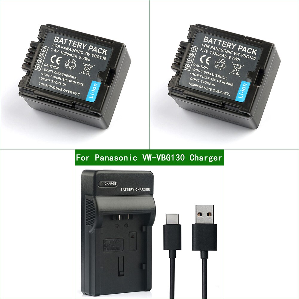 VW-VBG130 VBG130 Digital Camera Battery + Charger for Panasonic SDR H40 H48 H50 H60 H68 H80 H90 HDC HS700 TM200 TM300 TM700: 2Battery 1Charger