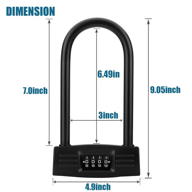 Bicycles U Lock, Heavy Duty Bike Scooter Motorcycles Combination Lock Combo Gate Lock for Anti TheftBlack