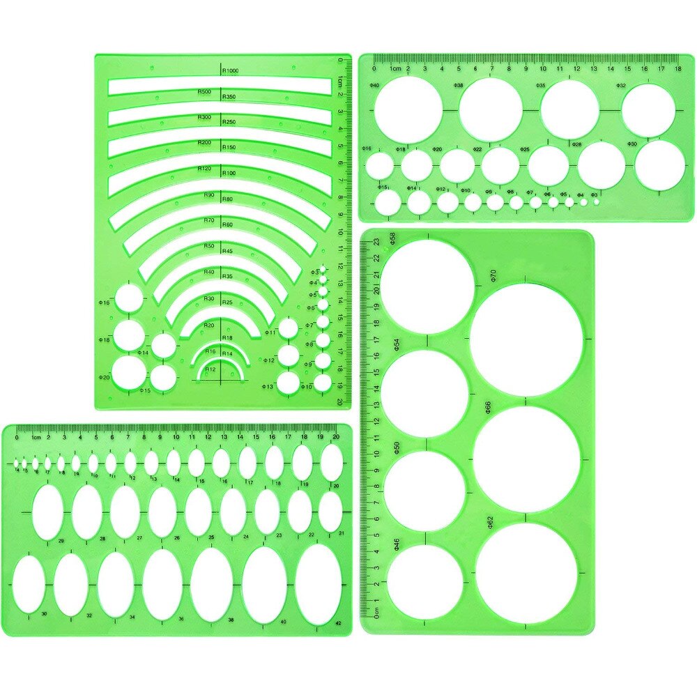 Xrhyy 4 st orange och grön mall plastlinjaler cirkel oval cirkel radie ritningsmallar för kontor och skolmaterial
