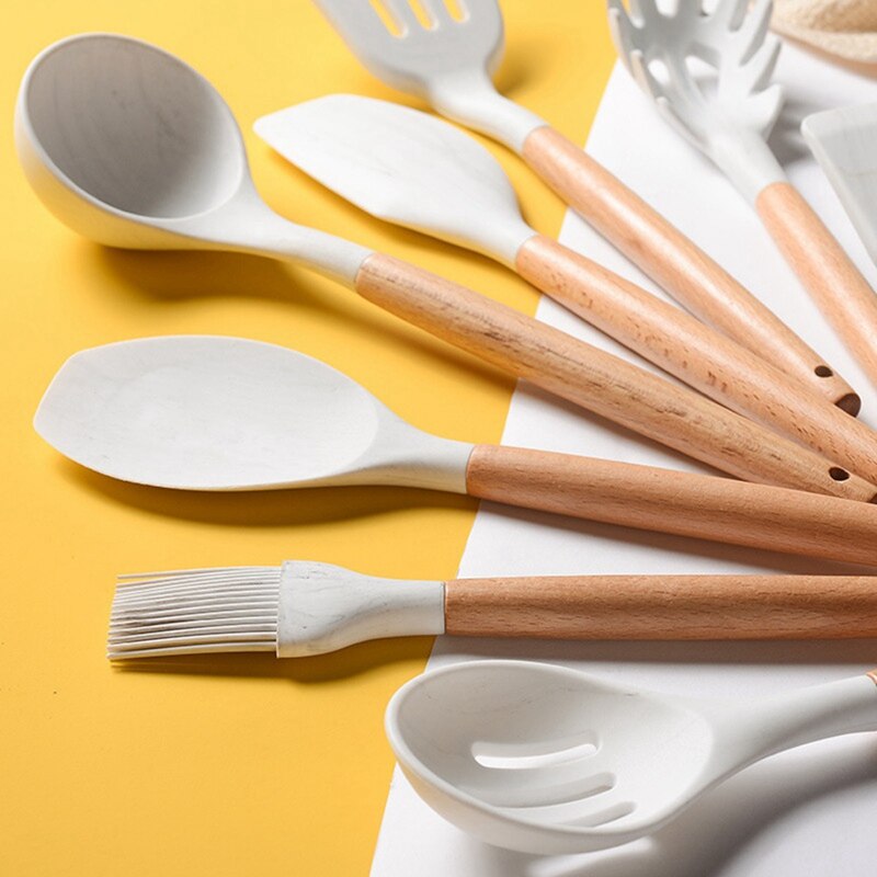 Ensemble d'ustensiles de cuisine 11 pièces ensemble d'ustensiles de cuisine rouge outils de cuisine en Silicone Gadgets ensemble de spatule en bois avec boîte de support