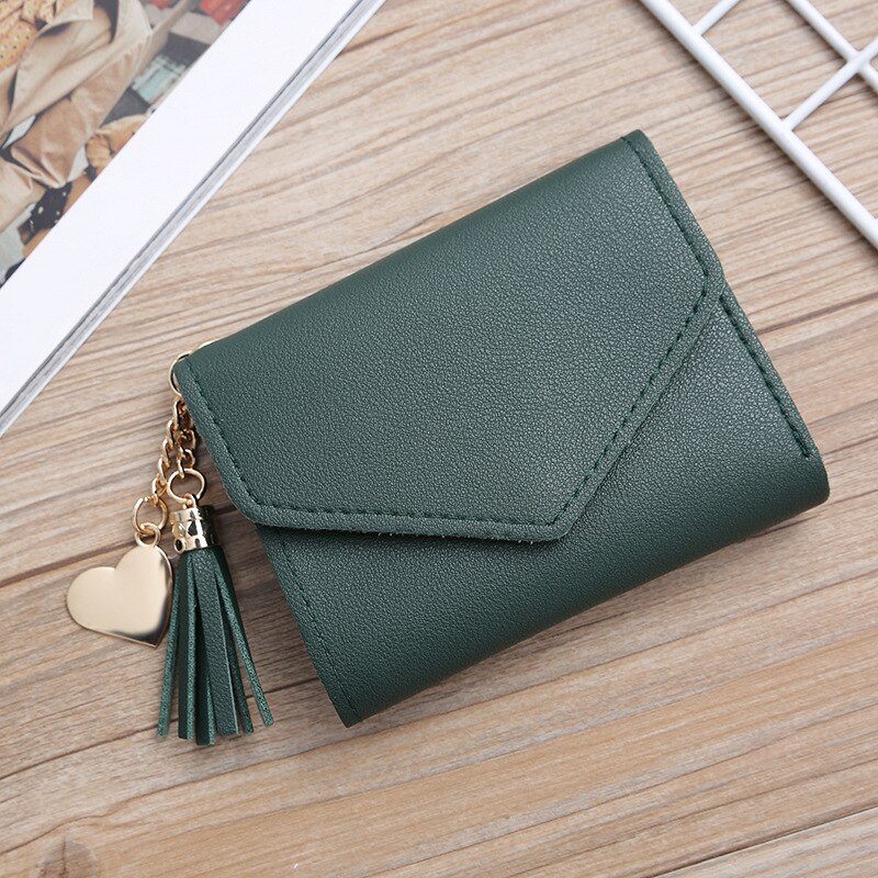 Women Wallet Cute Student Tassel Heart Pendant Short Wallet Small PU Wallet Coin Purse Ladies Card Bag For Women: dark green