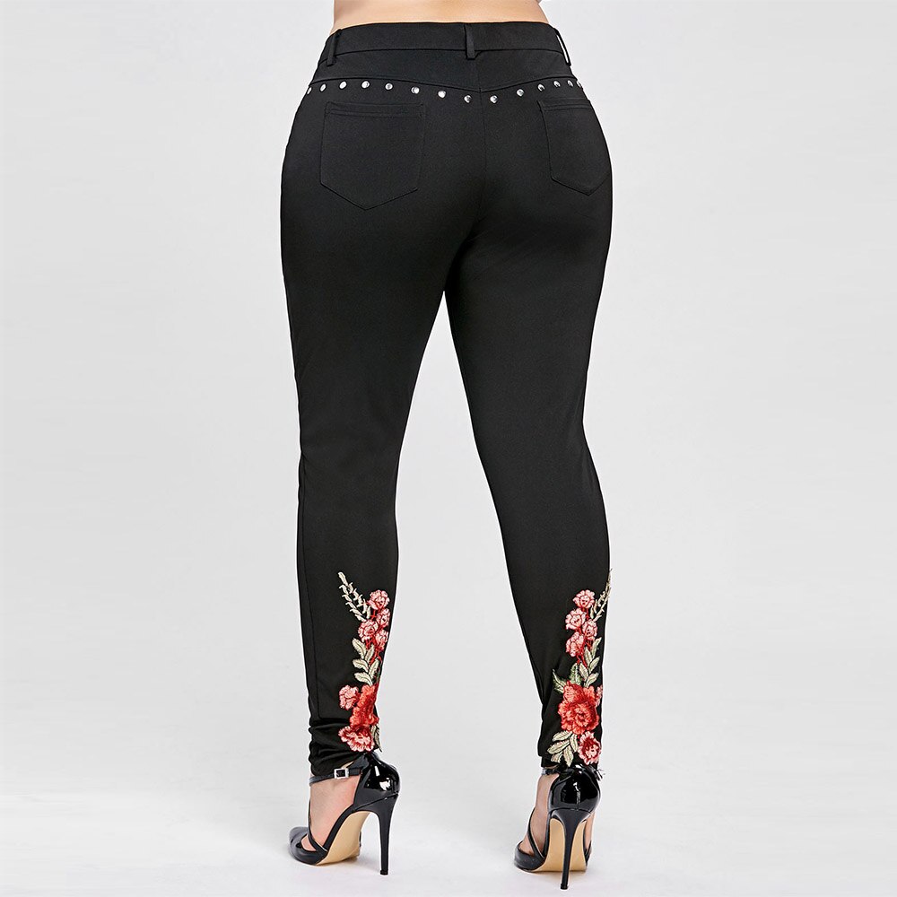 ROSEGAL-pantalones de lápiz con remaches Bordados florales para mujer, mallas ajustadas de talla grande, pantalones elásticos altos, talla grande