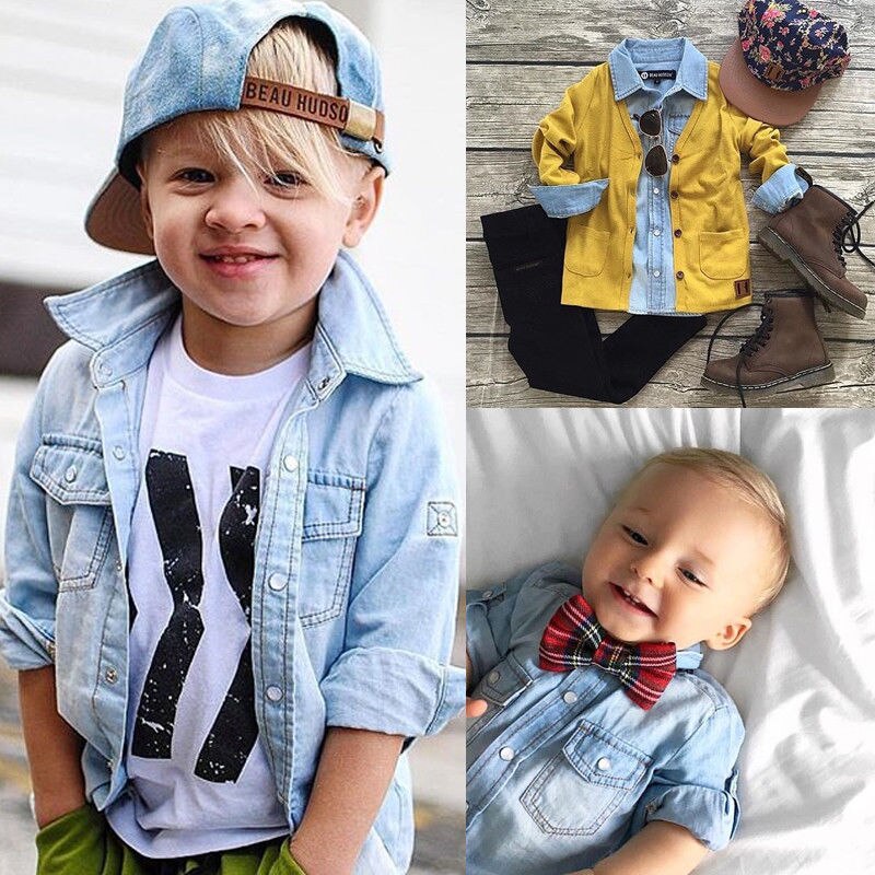 Baby Jongens Meisjes Effen Kleur Shirt Verstelbare Mouwen Button Down Denim Blouse Casual Top