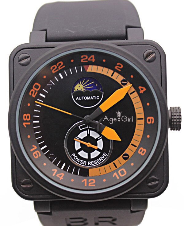 Heren Horloges Zwart Rubber Bell Br Automatische Mechanische Zelf Wind Limited Edition Luchtvaart Maan Dag Power Reserve Moonphase