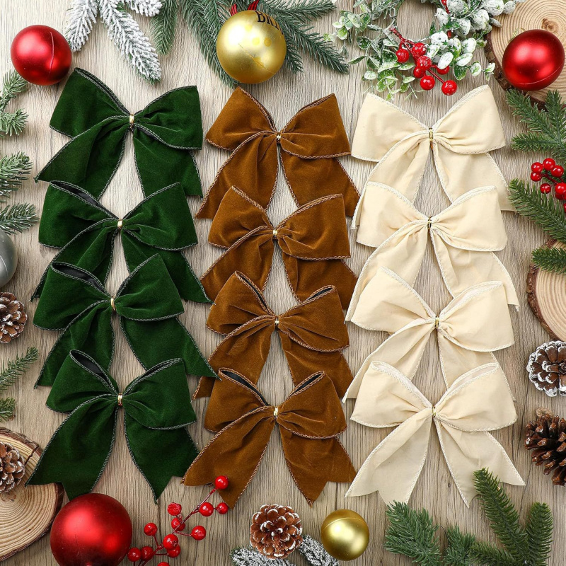 Lot de Nœuds de Noël - 4 ou 12 Pcs - Tissu Rouge Décoration Arbre Couronne Suspendu