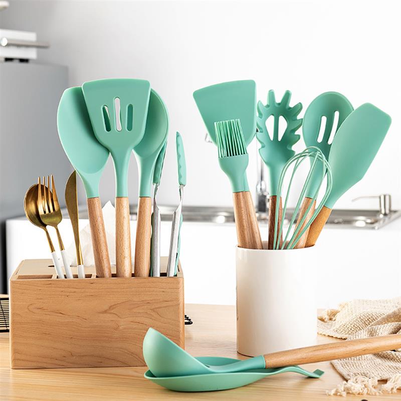 Mint Green Kitchen Utensil Non-Stick Wood Handle Cooking Utensil Premium Silicone Material Baking Spatula Spoon Kitchen Supplies