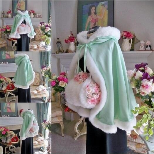 Mariée hiver mariage Cape Cape à capuche avec garniture de fourrure longue mariée hiver taille personnalisée fausse fourrure châle boléro femmes: Mint Green
