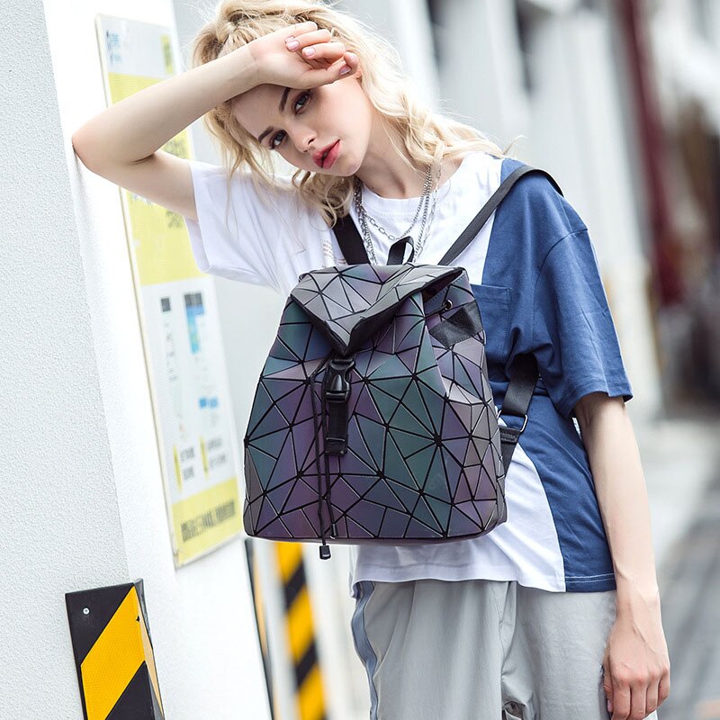 Ladies Luminous Set Backpack Geometric Shoulder Bag And Fold Clutch Bags Holographic School Girls Backpack