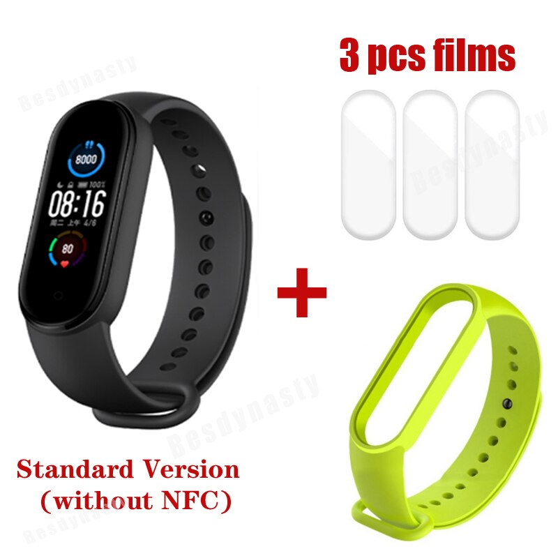 Xiaomi Mi Band 5 Fitness Bracelet Magnetic Charge 24h Heart Rate Sleep REM Nap Step Swim Sport Monitor Remind Alarm wristband 5: add green strap