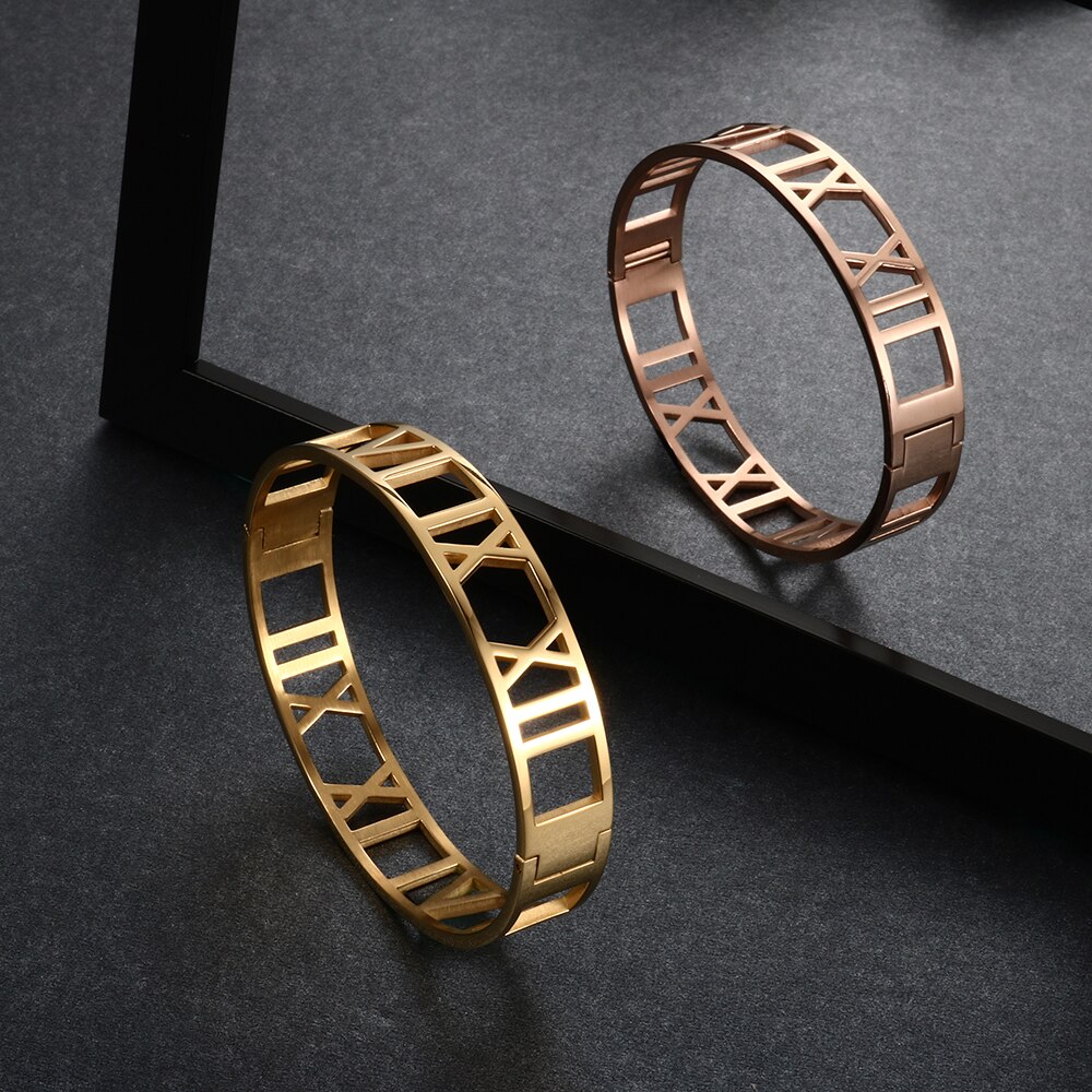 Cuff Bangles Bracelets For Woman 12MM Roman Numerals Stainless Steel Gold Plating Bangle Female Male Jewelry Wristband