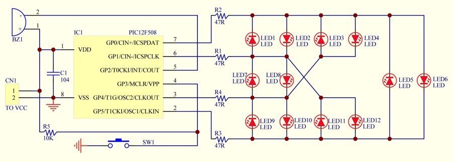 12 Position LED Electronic Lucky Rotary Board Kit, Based on PIC12F508.