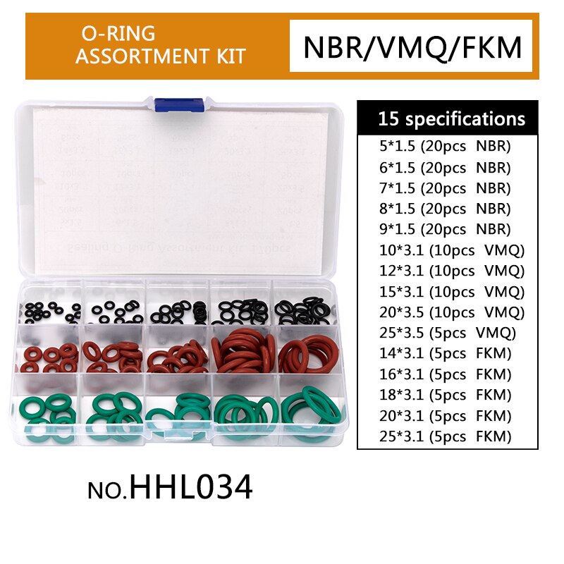 Red Silicone VMQ Gasket Assortment Set Spare Sealing O-Rings Black NBR Green Fluoro Viton FKM Kits 15 Sizes 170PCS/ SET: HHL034 x1