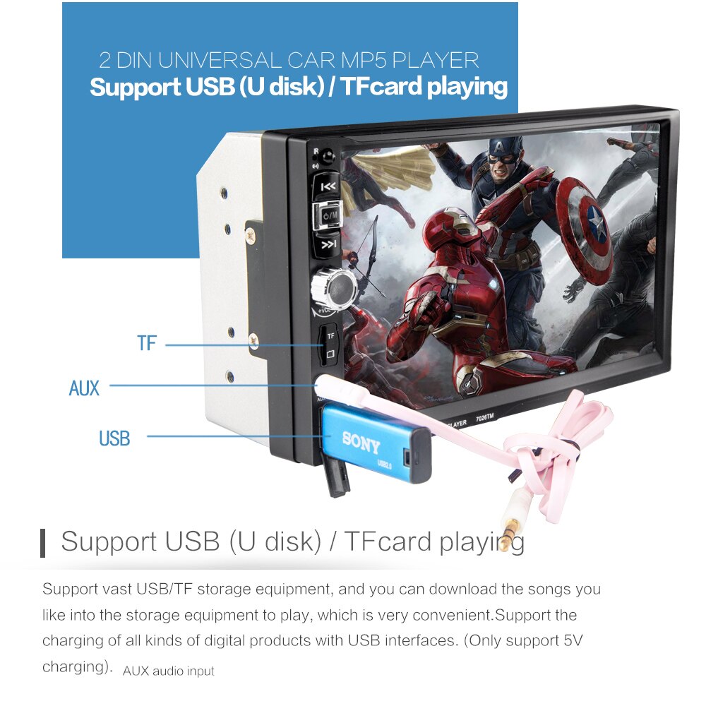 2 Din Touch Screen USB With Camera Mirror For Android Phone 7 Inch Mirror Link Screen MP5 Player Car Radio Bluetooth 9 Languages