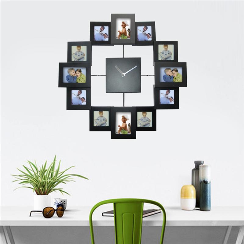 14 Inch Photo Frame Clock Metal Photo Frame Wall Clock Color Paint Aluminum Frame Clock Without Battery (Black)