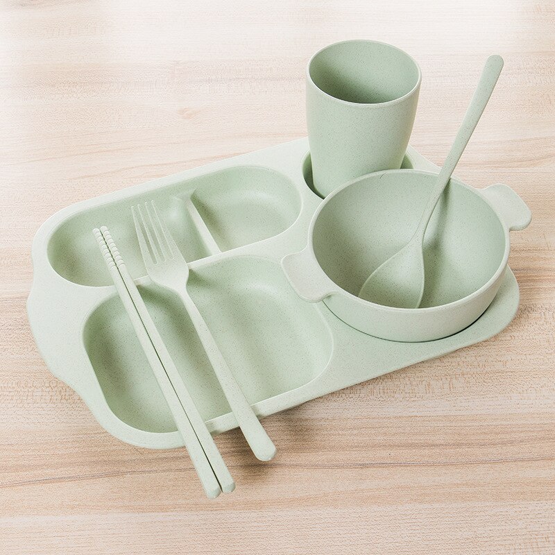 6 Stks/set Baby Mooie Kom Tarwe Materiaal Kinderen Sectionele Diner Plaat Tarwe Stro Materiaal Kom Servies Set Plastic Effen: Green set