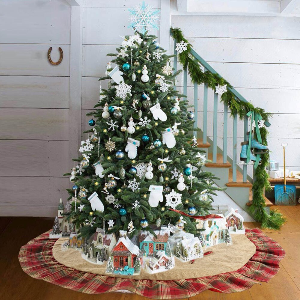 120cm runde juletræ nederdel plaid trim juletræ nederdele dække gulvmåtte tæppe juledekorationer træ nederdele