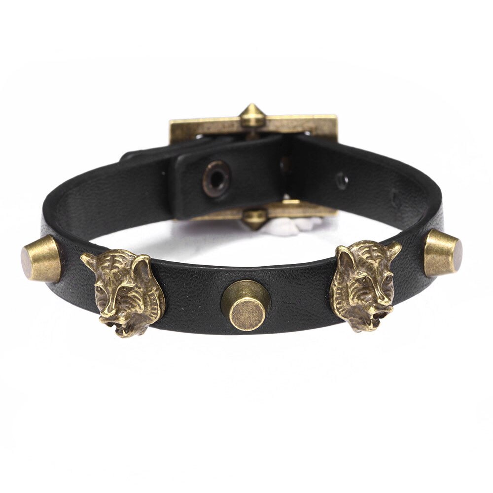 Mode Mannen Sieraden Antieke Bronzen Tijger Hoofd Punk Lederen Armbanden Verstelbare Alloy &amp; Leer Mannelijke Armbanden Accessoires: KR1126-1