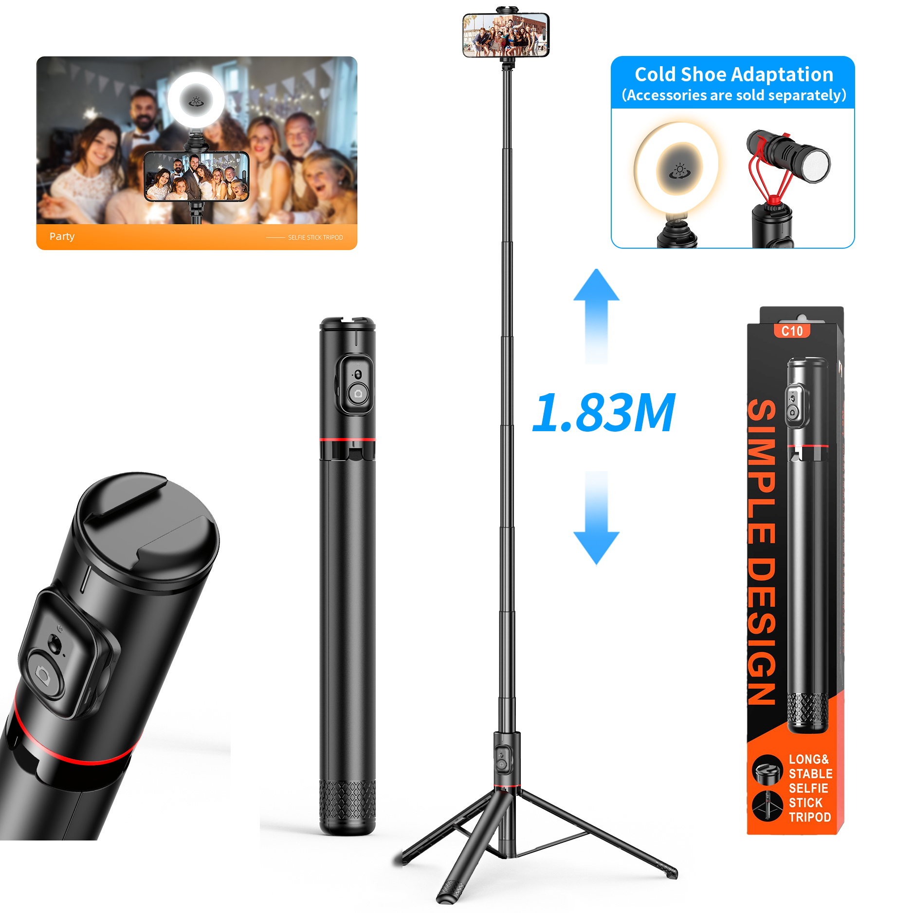 Selfie Stick Stativ - 1830mm Udtrækkelig - Trådløs Bluetooth Fjernbetjening - LED Lys - til iOS Android Smartphones: Blå